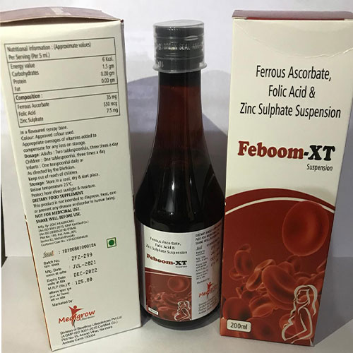 Product Name: Feboom XT, Compositions of Ferrous Ascorbate Eq. to elemental iron-30mg  + Folic Acid 500mcg are Ferrous Ascorbate Eq. to elemental iron-30mg  + Folic Acid 500mcg - MediGrow Lifesciences