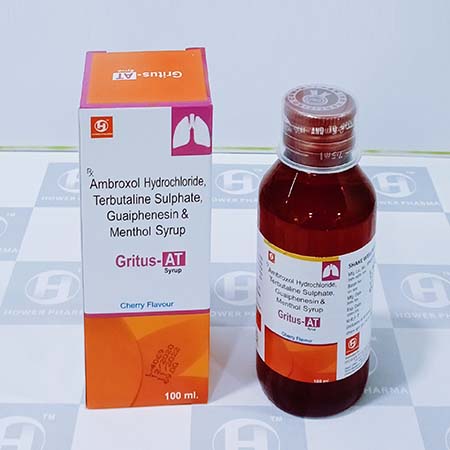 Product Name: Gritus At, Compositions of Ambroxol Hydrochloride,Terbutaline sulphate,Guaiphenesin & Menthol Syrup are Ambroxol Hydrochloride,Terbutaline sulphate,Guaiphenesin & Menthol Syrup - Hower Pharma Private Limited