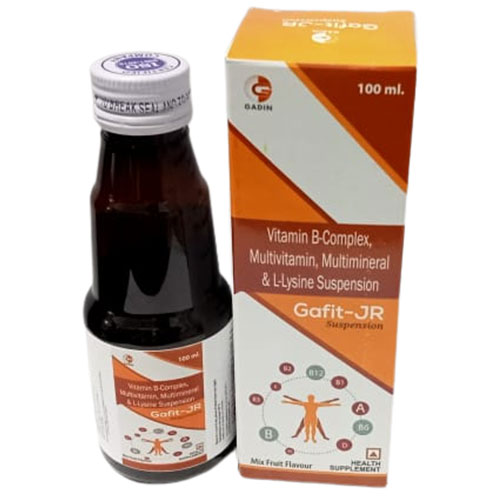 Product Name: GAFIT JR, Compositions of GAFIT JR are MULTIVITAMIN+MULTIMINERALS WITH L-LYSINE SYRUP - Gadin Pharmaceuticals Pvt. Ltd