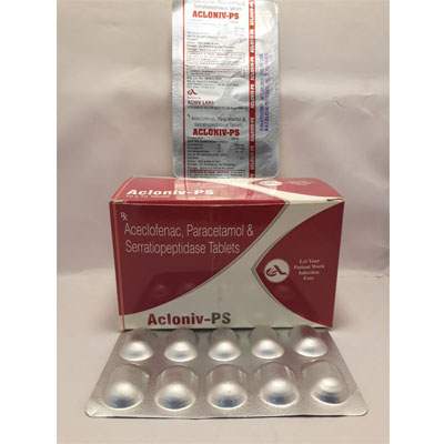 Product Name: Acloniv PS, Compositions of Acloniv PS are Aceclofenac, Paracetamol & Serratiopeptidase Tablets - Ikvans Pharma