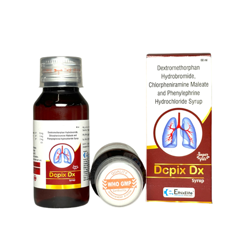 Product Name: DCPIX DX, Compositions of DCPIX DX are Dextromethophan Hydrobromide, Chlopheniramine Maleate & Phenylephrine Hydrochloride syrup - EthixElite Lifesciences Private Limited