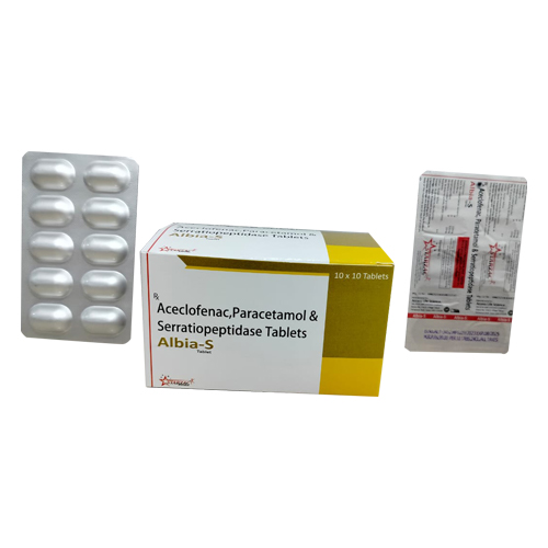 Product Name: ALBIA S, Compositions of ALBIA S are Aceclofenac, Paracetamol & Serratiopeptidase Tablets - Access Life Science