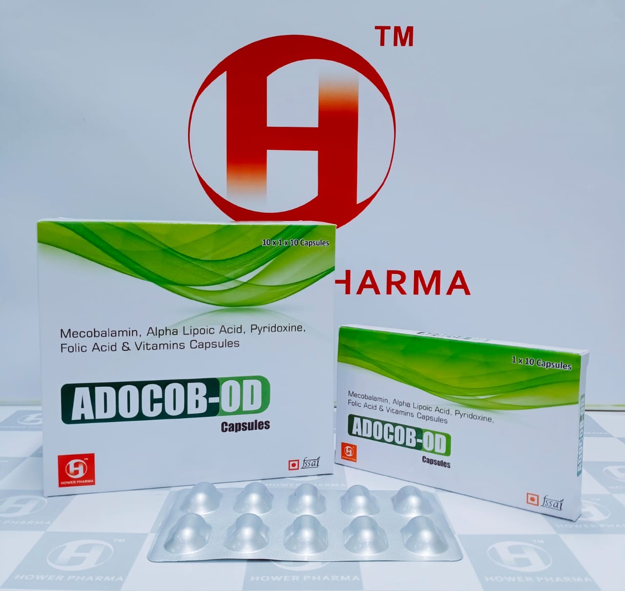 Product Name: Adocob Od, Compositions of Mecobalamin,Alpha Lipoic Acid,Pyridoxine,Folic Acid & Vitamins Capsules are Mecobalamin,Alpha Lipoic Acid,Pyridoxine,Folic Acid & Vitamins Capsules - Hower Pharma Private Limited