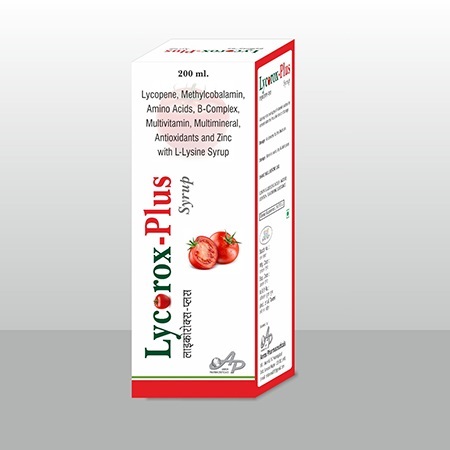 Product Name: Lyrorox Plus, Compositions of Lyrorox Plus are Lycopene, Methylcobalamin, Amino Acids, B-Complex, Multivitamin, Multimineral, Antioxidants and Zinc with L-Lysine Syrup - Anrox pharmaceuticals