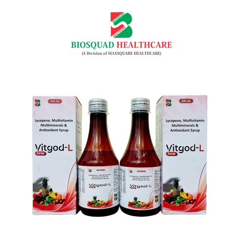 Product Name: VITGOD L, Compositions of Lycopene, Multivitamin Multiminerals & Antioxidant Syrup are Lycopene, Multivitamin Multiminerals & Antioxidant Syrup - Biosquad Healthcare