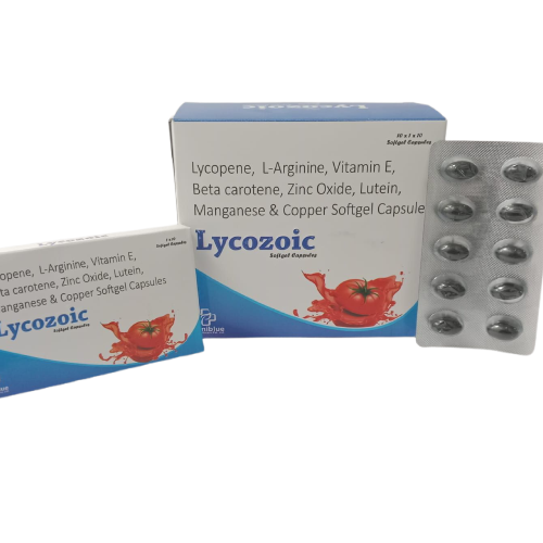 Product Name: Lycozoic, Compositions of Lycozoic are Lycopene, L-Arginine, Vitamin E, Beta carotene, Zinc Oxide, Lutein, Manganese & Copper Softgel Capsule - Uniblue Healthcare Private Limited