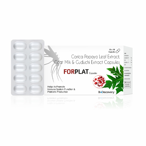 Product Name: FORPLAT , Compositions of FORPLAT  are Carica Papaya Leaf Extract, Goat Milk & Guduchi Extract Capsules - Biodiscovery Lifesciences Private Limited