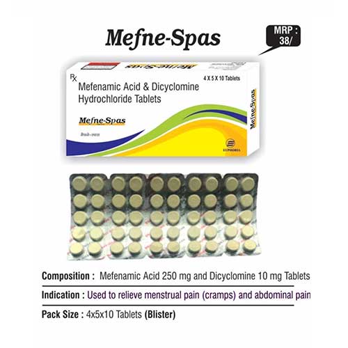 Product Name: Mefne Spas, Compositions of Mefne Spas are Mefenamic Acid & Dicyclomine HCL Tablets IP - Euphoria India Pharmaceuticals