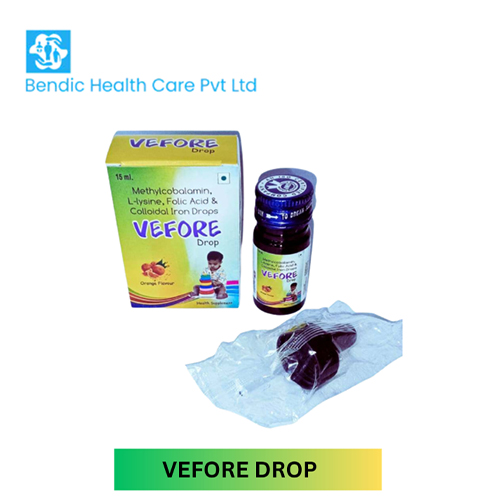 Product Name: VEFORE DROP, Compositions of are Methylcobalamin, L-lysine, Folic Acid & Colloidal Iron Drops - Bendic Healthcare Private Limited