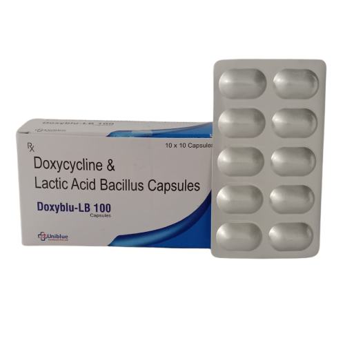 Product Name: Doxyblu LB 100, Compositions of Doxyblu LB 100 are Doxycycline & Lactic Acid Bacillus Capsules - Uniblue Healthcare Private Limited