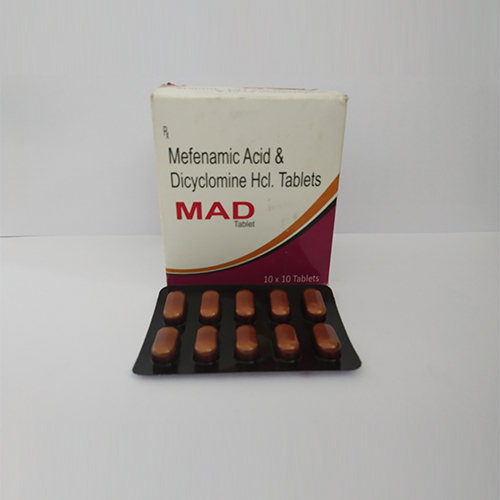 Product Name: MAD, Compositions of MAD are Mefeamic Acid &Dicyclomine HCL, Tablets - Medifame Biotech