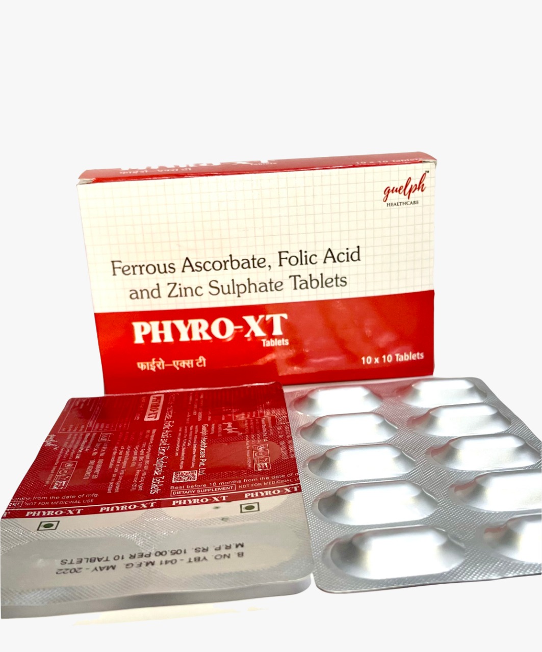 Product Name: PHYRO XT Iron Tablets 10×10 Pack, Compositions of Ferrous Ascorbate 100mg + Folic Acid 1.5mg + Zinc 22.5mg are Ferrous Ascorbate 100mg + Folic Acid 1.5mg + Zinc 22.5mg - Guelph Healthcare Pvt. Ltd