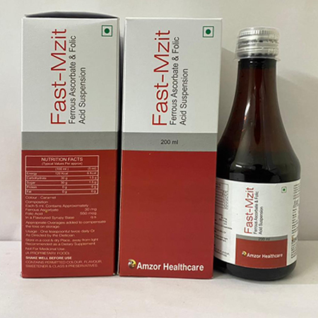 Product Name: Fast Mzit, Compositions of Fast Mzit are Ferrous Ascorbate & Folic Acid Suspension - Amzor Healthcare Pvt. Ltd