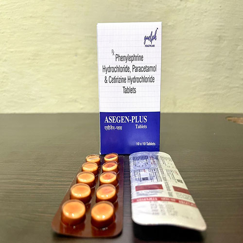 Product Name: Asegen Plus, Compositions of Asegen Plus are Phenylepherine Hydrochloride,Paracetamol & Cetirizine Hydrochloride Tablets - Guelph Healthcare Pvt. Ltd