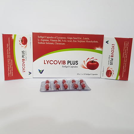 Product Name: LYCOVIB PLUS, Compositions of LYCOVIB PLUS are Softgel Capsules of Lycopene, Grape Seed Ext. , Lutein, L - Arginine , Vitamin B6, Folic Acid, Zinc Sulphate, Monohydrate, Sodium Selenate Chromium - Vindcare Lifesciences