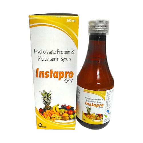 Product Name: INSTAPRO, Compositions of INSTAPRO are Hydrolssate Protein & Multivitamin Syrup - Insta Care Lifesciences