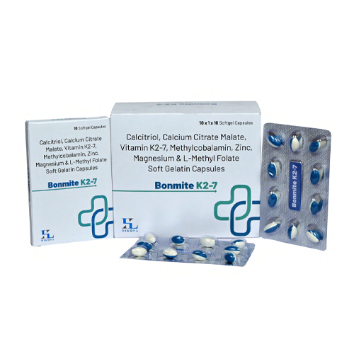 Product Name: Bonmite K2 7 , Compositions of Bonmite K2 7  are Calcitriol, Calcium Citrate Malate, Vitamin K2-7, Methylcobalamin, Zinc, Magnesium & L-Methyl Folate Soft Gelatin Capsules.  - Hikona Lifesciences