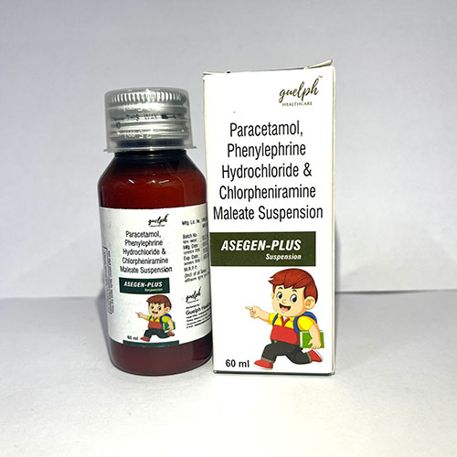 Product Name: Asegen Plus, Compositions of Asegen Plus are Paracetamol Phenylephrine Hydrochloride & Hydrohloride & Chlorpheniramine Maleate Suspension - Guelph Healthcare Pvt. Ltd