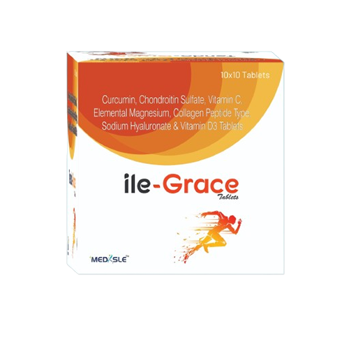 Product Name: ILE GRACE, Compositions of ILE GRACE are Curcumin, Chondroitin Sulfate, Vitamin C, Elemental Magnesium, Collagen Peptide Type. Sodium Hyaluronate & Vitamin D3 Tablets - Medisle Pharma