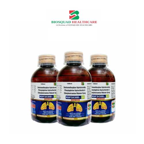 Product Name: KUFSCOD DX, Compositions of KUFSCOD DX are Dextromethorphan Hydrobromide Phenylephrine Hydrochloride & Chlorpheniramine Maleate Syrup - Biosquad Healthcare