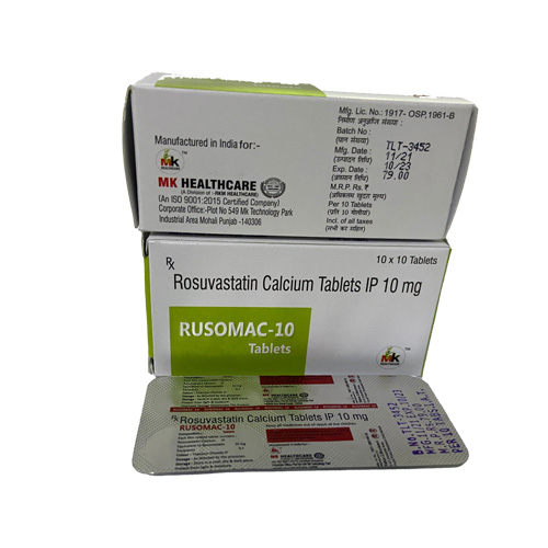 Product Name: RUSOMAC 10 Tablets, Compositions of RUSOMAC 10 Tablets are Rosuvastatin Calcium Tablets IP 10 mg - MK Healthcare