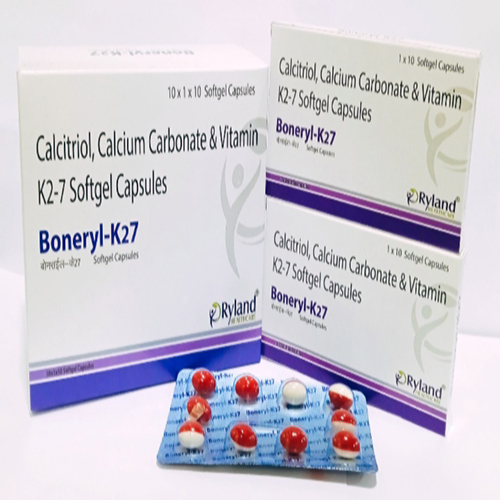 Product Name: Boneryl K27, Compositions of Boneryl K27 are  Calcitriol Calcium Carbonate & Vitamin K27 Softgel Capsules - Ryland Health Care