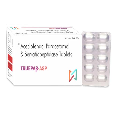 Product Name: TRUEPAR ASP, Compositions of TRUEPAR ASP are Aceclofenac, Paracetamol & Serratiopeptidase Tablets  - Truepath Healthcare