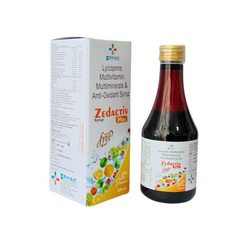 Product Name: Zedactiv Plus, Compositions of Zedactiv Plus are Lycopene Multivitamin Multiminerals & Anti-Oxidant Syrup - Zemax Pharma