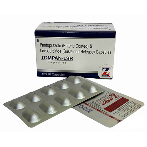 Product Name: TOMPAN LSR, Compositions of TOMPAN LSR are Pantoprazole (Enteric Coated) & Levosulpiride (Sustained Release) Capsules - Zerdia Healthcare Private Limited