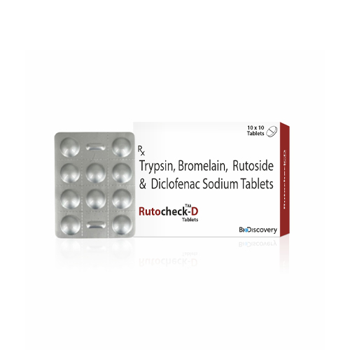 Product Name: Rutocheck D, Compositions of Rutocheck D are Trypsin, Bromelain, Rutoside & Diclofenac Sodium Tablets - Biodiscovery Lifesciences Private Limited