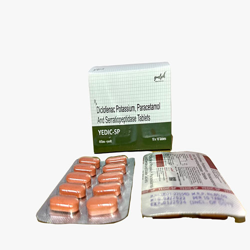 Product Name: Yedic Sp, Compositions of Yedic Sp are Diclofenac Potassium, Paracetamol And Serratiopeptidase tablets - Guelph Healthcare Pvt. Ltd