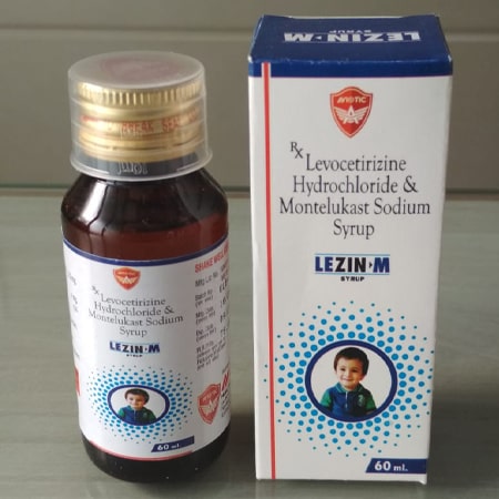 Product Name: Lezin M, Compositions of are Levocetrizine Hydrochloride & Montelukast Sodium Syrup - Aviotic Healthcare Pvt. Ltd