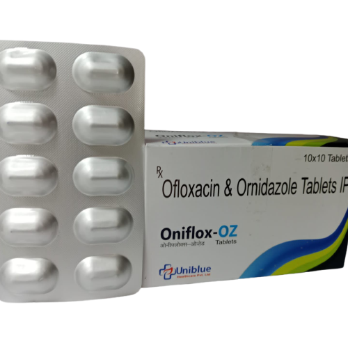 Product Name: Oniflox OZ, Compositions of Oniflox OZ are Ofloxacin & Ornidazole Tablets IF - Uniblue Healthcare Private Limited