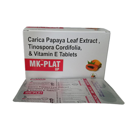 Product Name: MK PLAT, Compositions of MK PLAT are Carica Papaya Leaf Extract, Tinospora Cordifolia, & Vitamin E Tablets - MK Healthcare