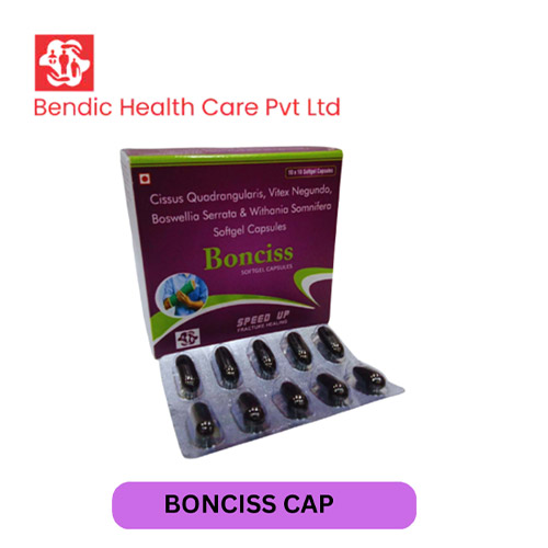 Product Name: BONCISS, Compositions of are Cissus Quadrangularis, Vitex Negundo, Boswellia Serrata & Withania Somnifera Softgel Capsules - Bendic Healthcare Private Limited