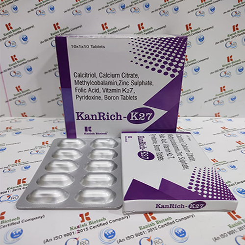 Product Name: Kanrich k27, Compositions of Kanrich k27 are Calctriol,Calcium Citrate, Methylcobalamin,Zinc Sulphate , Folic Acid, Vitamin K2 7, Pyridoxine , Boron Tablets - Kanish Biotech