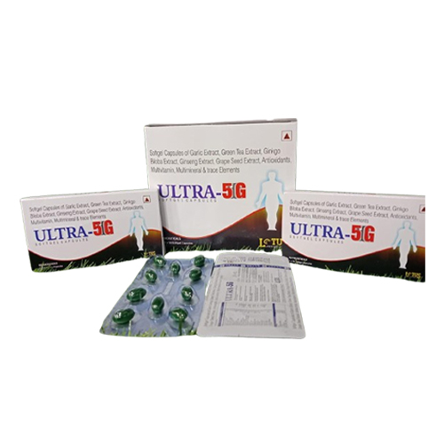 Product Name: ULTRA 5G , Compositions of ULTRA 5G  are Softgel Capsules of Garlic Extract, Green Tea Extract, Ginkgo Biloba Extract, Ginseng Extract, Grape Seed Extract, Antioxidants, Multivitamin, Multimineral & trace Elements  - Jonathan Biocare