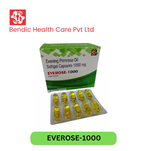 Product Name: EVEROSE 1000, Compositions of Evening Primrose Oil Softgel Capseles 100mg are Evening Primrose Oil Softgel Capseles 100mg - Bendic Healthcare Private Limited