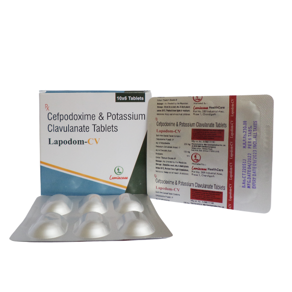 Product Name: Lapodom Cv, Compositions of Lapodom Cv are Cefpodoxime & Potaassium Clavulanate Tablets - Lamiaceae HealthCare