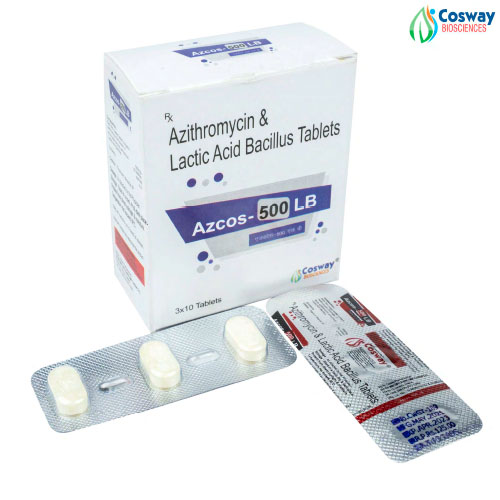 Product Name: AZCOS 500 LB, Compositions of AZCOS 500 LB are AZITHROMYCIN & Lactic ACID BASILIUS DIHYDRATE I.P. 500 MG - Cosway Biosciences