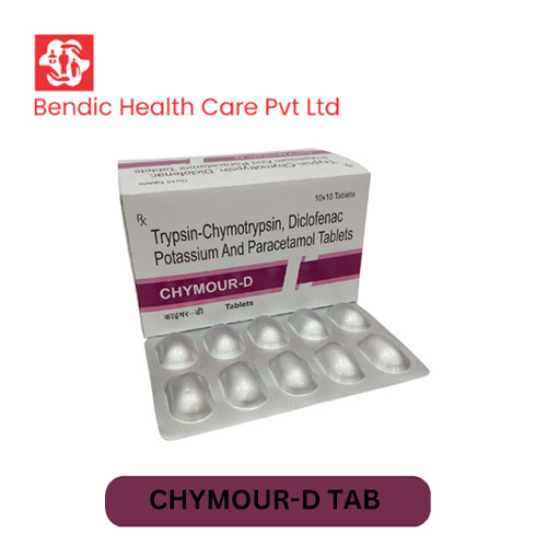 Product Name: CHYMOUR D, Compositions of CHYMOUR D are trypsin-Chymotrypsin,diclofenac Potassium And Paracetamol Tablets - Bendic Healthcare Private Limited