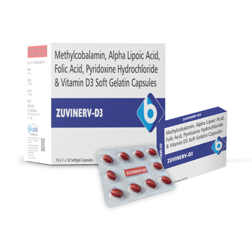 Product Name: ZUVINERV D3, Compositions of Methylcobalamin, Alpha Lipoic Acid, Folic Acid, Pyridoxine Hydrochloride & Vitamin D3 Soft Gelatin Capsules are Methylcobalamin, Alpha Lipoic Acid, Folic Acid, Pyridoxine Hydrochloride & Vitamin D3 Soft Gelatin Capsules - Biopolis Lifesciences Private Limited