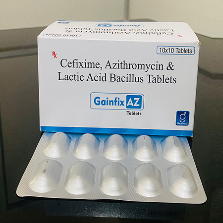 Product Name: Gainfix AZ, Compositions of Gainfix AZ are Cefixim,Azithromycin & Lactic Acid Bacillus Tablets - Gainmed Biotech Private Limited