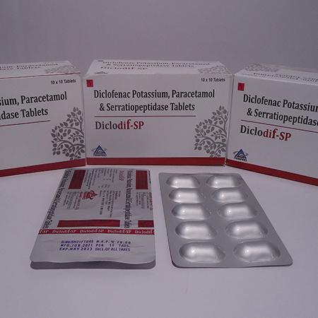 Product Name: Diclodif SP, Compositions of Diclofenac Potassium,Paracetamol & Serratiopeptiside Tablets are Diclofenac Potassium,Paracetamol & Serratiopeptiside Tablets - Asgard Labs Private Limited