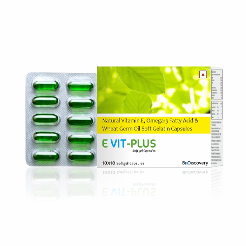 Product Name: E VIT PLUS, Compositions of E VIT PLUS are Natural Vitamin E, Omega-3 Fatty Acid & Wheat Germ Oil Soft Gelatin Capsules - Biodiscovery Lifesciences Private Limited