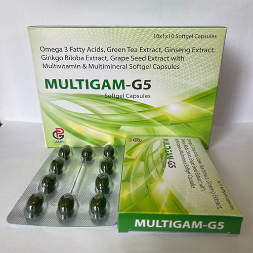 Product Name: MULTIGAM G5, Compositions of MULTIGAM G5 are Omega 3 Fatty Acids, Green Tea Extract, Ginseng Extract, Ginkgo Biloba Extract, Grape Seed Extract with Multivitamin & Multimineral Softgel Capsules  - Gamro Pharmaceuticals