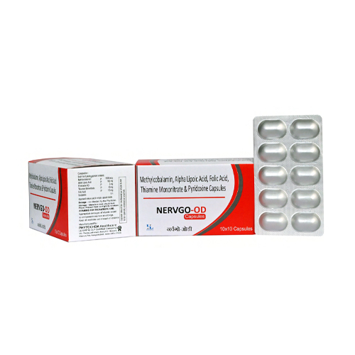 Product Name: NERVGO OD, Compositions of NERVGO OD are Methylcobalamin, Alpha Lipoic Acid, Folic Acid, Thiamine Mononitrate & Pyridoxine Capsules - Hikona Lifesciences