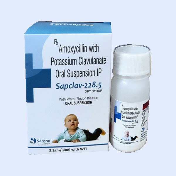 Product Name: Sapclav 228.5, Compositions of Sapclav 228.5 are Amoxycillin with potassium Clavulanate Oral Suspension IP - Sapson Pharma