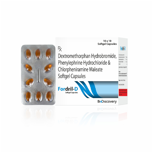 Product Name: Fordril D, Compositions of Fordril D are Dextromethorphan Hydrobromide, Phenylephrine Hydrochloride & Chlorpheniramine Maleate Softgel Capsules - Biodiscovery Lifesciences Private Limited