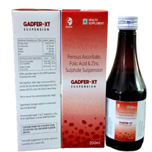 Product Name: GADFER XT, Compositions of GADFER XT are FERROUS ASCORBATE 100 MG + FOLIC ACID 1.5 MG+ZINC SULPHATE MONOHYDRATE USP 61.8 MG - Gadin Pharmaceuticals Pvt. Ltd